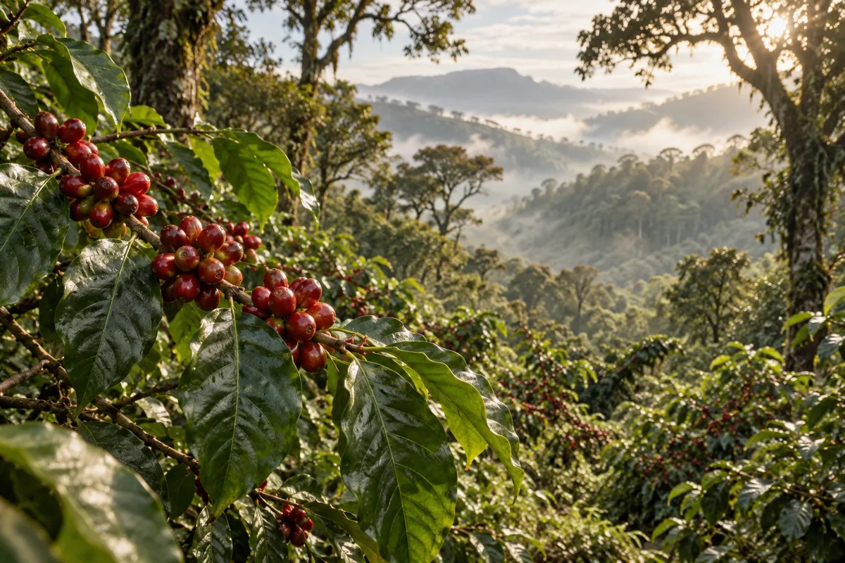 Recreación de cafetos en un bosque de las tierras altas de Etiopía