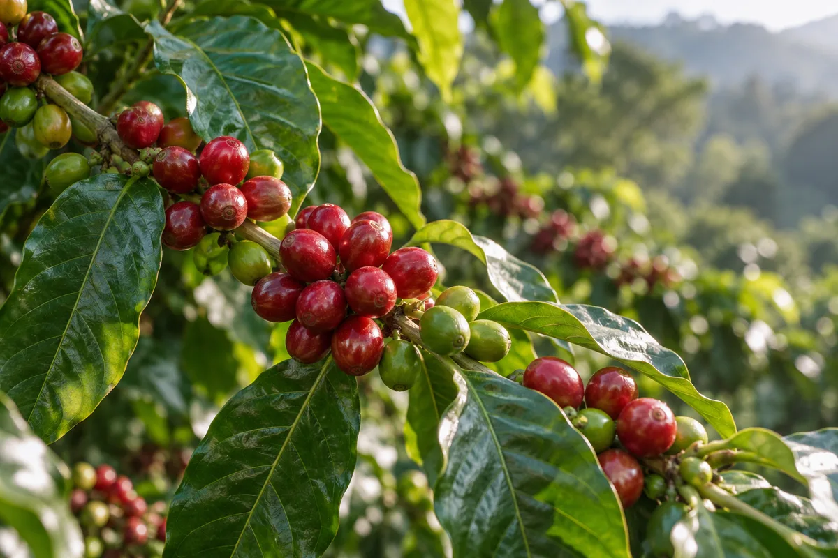 Rama ilustrativa de café arábica con hojas y cerezas maduras